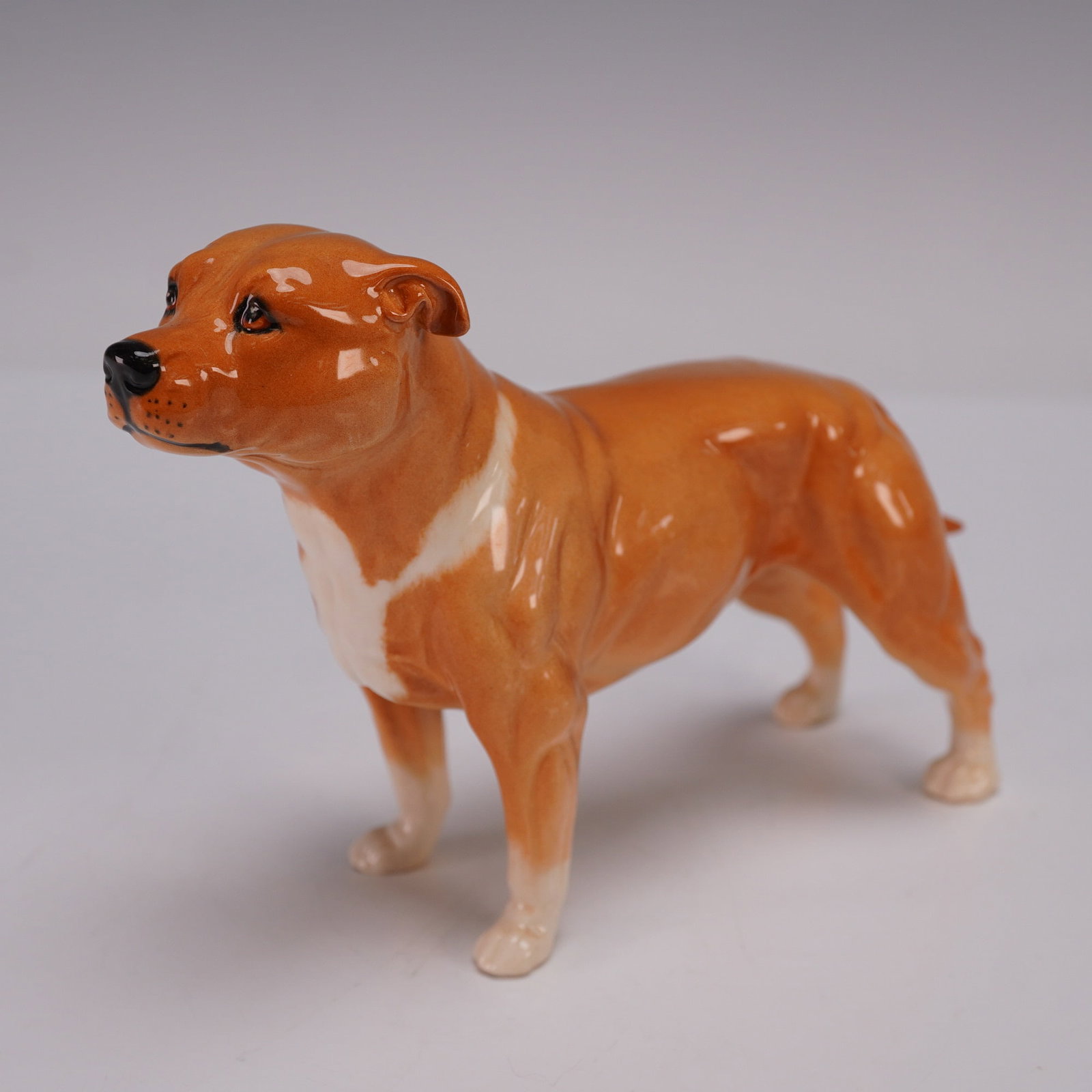 Royal Doulton Figurine, Staffordshire Bull Terrier: A porcelain figurine of a Staffordshire Bull Terrier. The figure is finely crafted and hand-painted in shades of tan with white chest markings, naturalistically capturing the breed's sturdy build and 