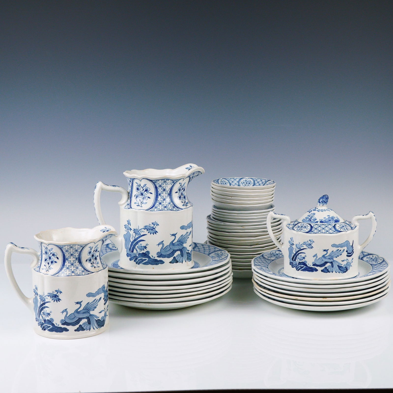 40pc Vintage Furnivals Dinnerware Set, Old Chelsea: This is a charming and complete vintage Furnivals "Old Chelsea" dinnerware set, made in England and marked with the registry number Rd No. 647812, dating it to the early 20th century. Crafted in fine
