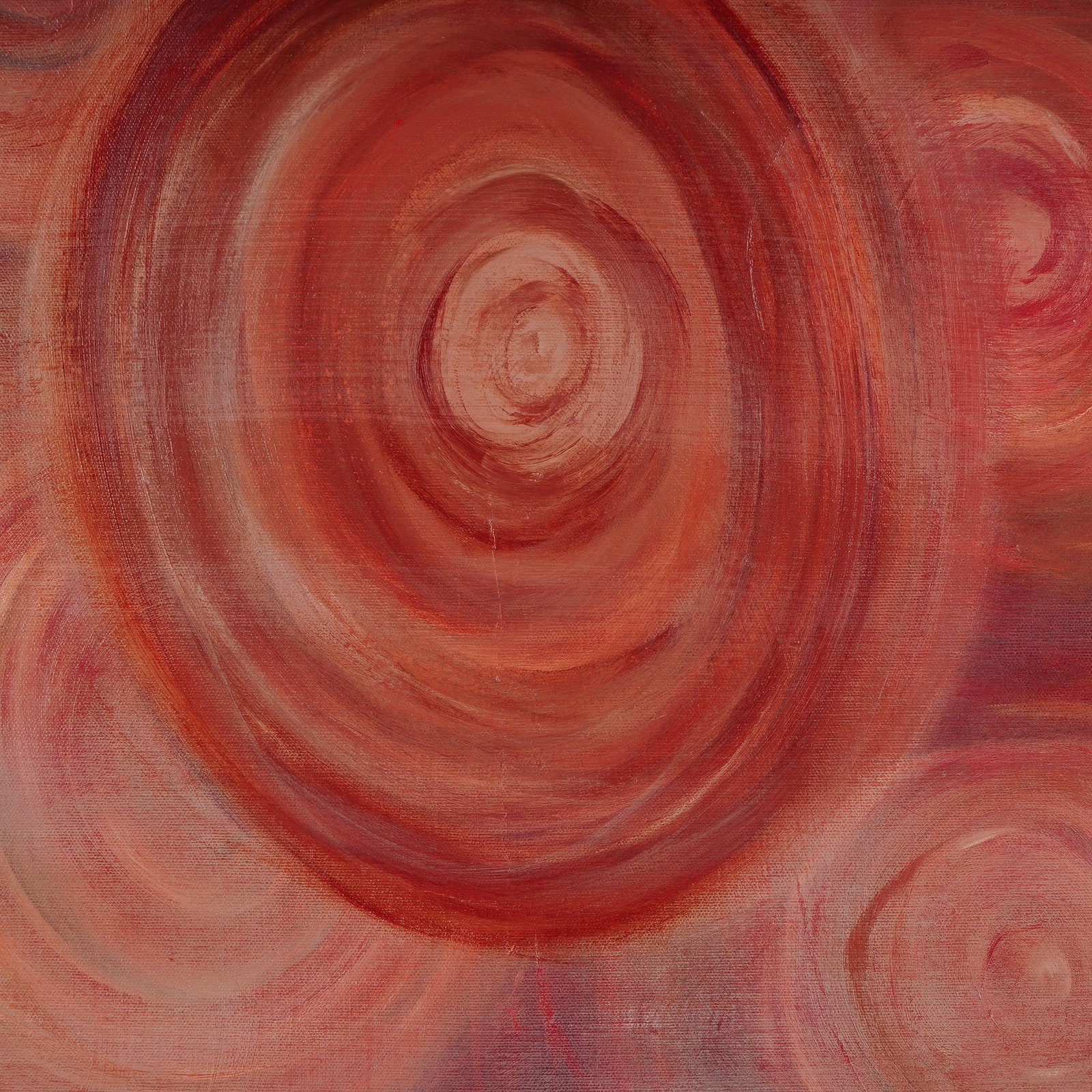 June Cashwell, Original Oil on Canvas, Linen Circles, Signed: June Cashwell presents a mesmerizing abstract oil on canvas, titled Linen Circles. Bold concentric forms ripple outward in warm hues of red, terracotta, and burnt sienna, evoking both rhythm and movem