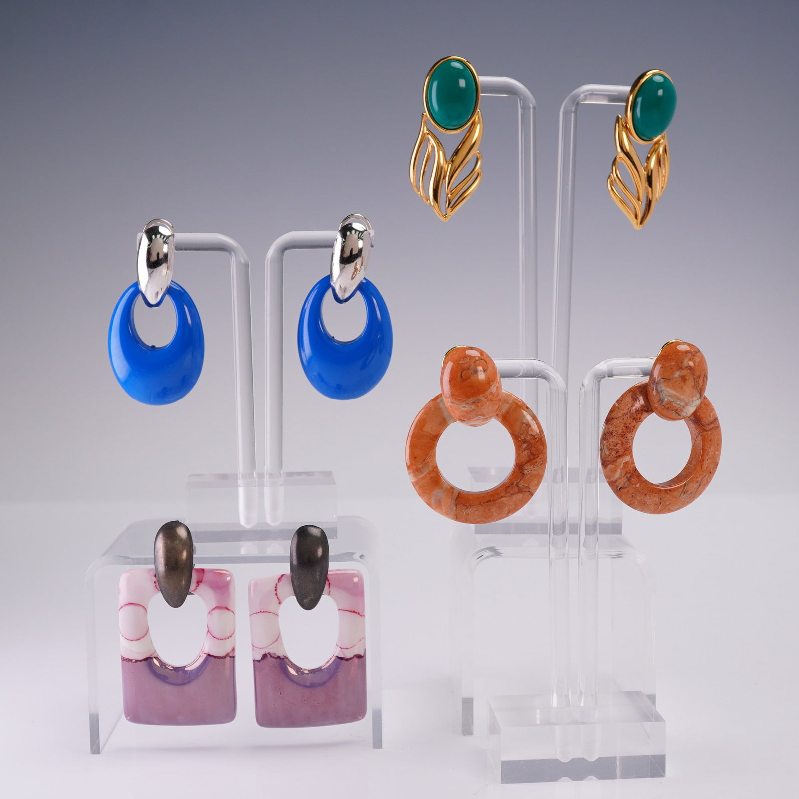 4 Pair Colorful Ladies Post Earrings Convertible Style Lot: Lot of four pairs of ladies post-back earrings in bold vintage and modern styles. Three pairs feature convertible designs that can be worn as simple studs or with detachable dangling components in col