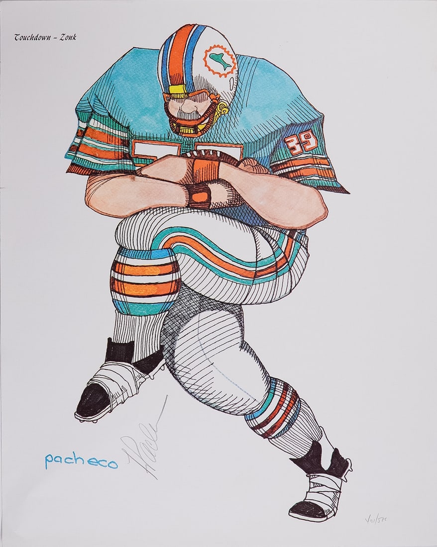 Ferdie Pacheco, Touchdown - Zonk, Signed and Numbered Limited Edition Print: This vibrant limited-edition print, titled Touchdown - Zonk, is a dynamic piece by acclaimed sports artist Ferdie Pacheco, celebrated for his bold, colorful depictions of athletes and sporting legends