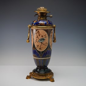 Doulton Lambeth Florence Barlow Stoneware and Brass Mounted Oil Lamp