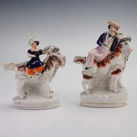 2pc Antique Staffordshire Pottery Children on Goat Figurines