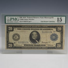 1914 $20 Minneapolis Federal Reserve Banknote PMG Graded Choice Fine 15