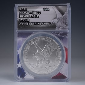 2021-W US 1oz Silver Eagle, ANACS MS70 (T-2) First Strike Burnished