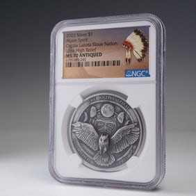 2023 Oglala Lakota Sioux Nation Silver Dollar NGC Graded MS 70 ANTIQUED