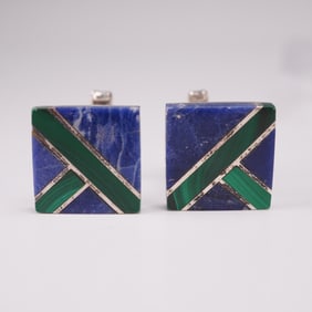 Mexican Sterling Silver Cufflinks with Lapis Lazuli and Malachite Inlay