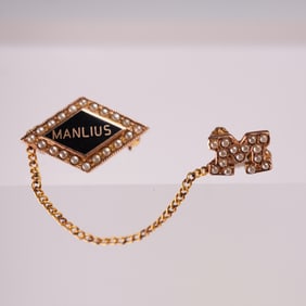 Vintage 10K Gold Manlius School Pin with Seed Pearls & Chain Connector