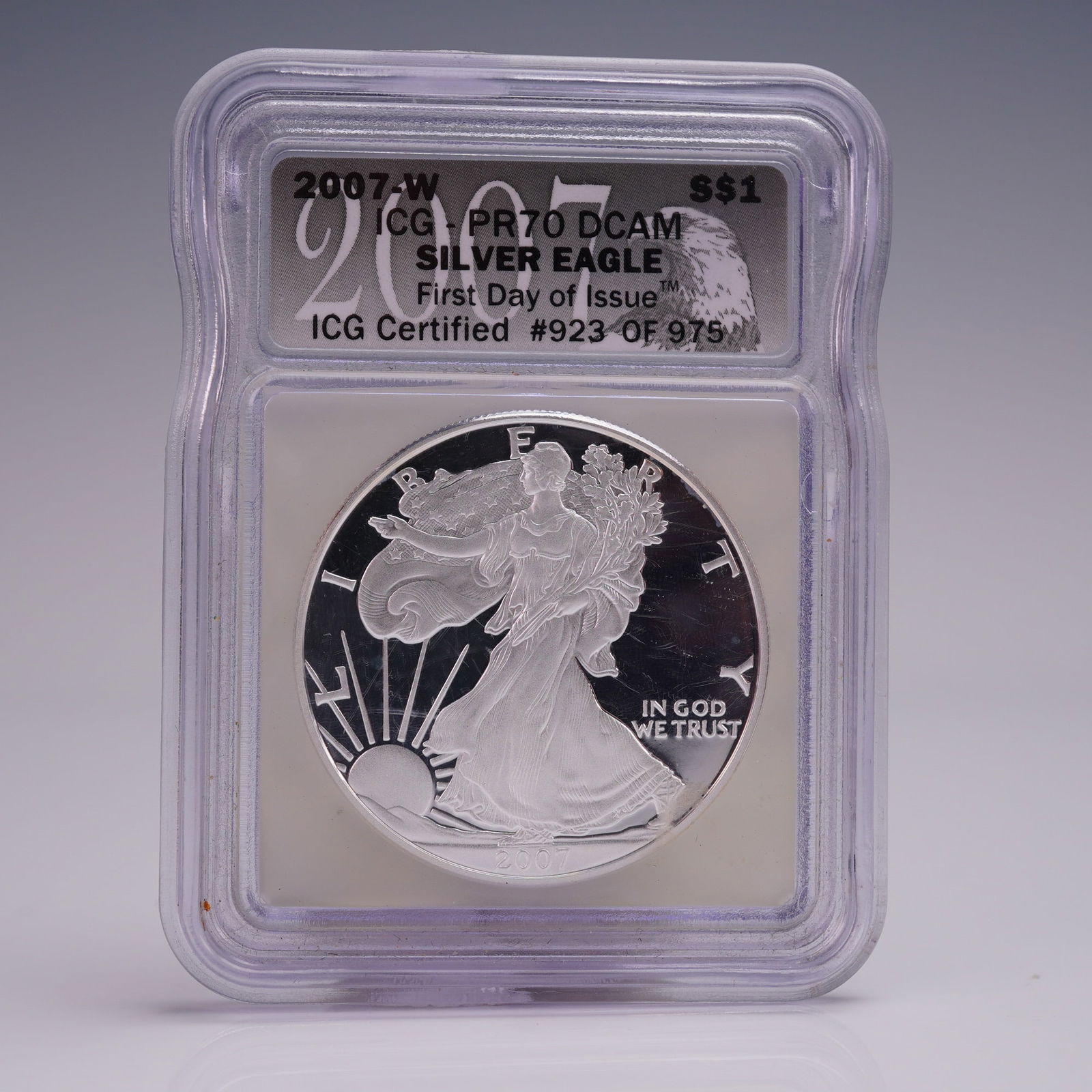 2007-W American Silver Eagle First Day Issue Dollar ICG Graded PR 70 DCAM (1 of 4)