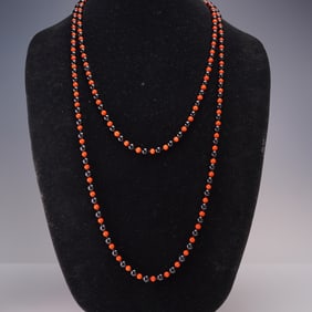Onyx and Carnelian Beaded Necklace with 14K Gold Clasp