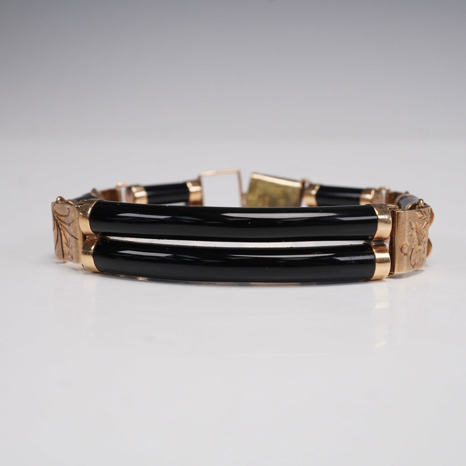 14K Gold and Onyx Engraved Bracelet, Floral and Chinese Character Motifs (1 of 6)