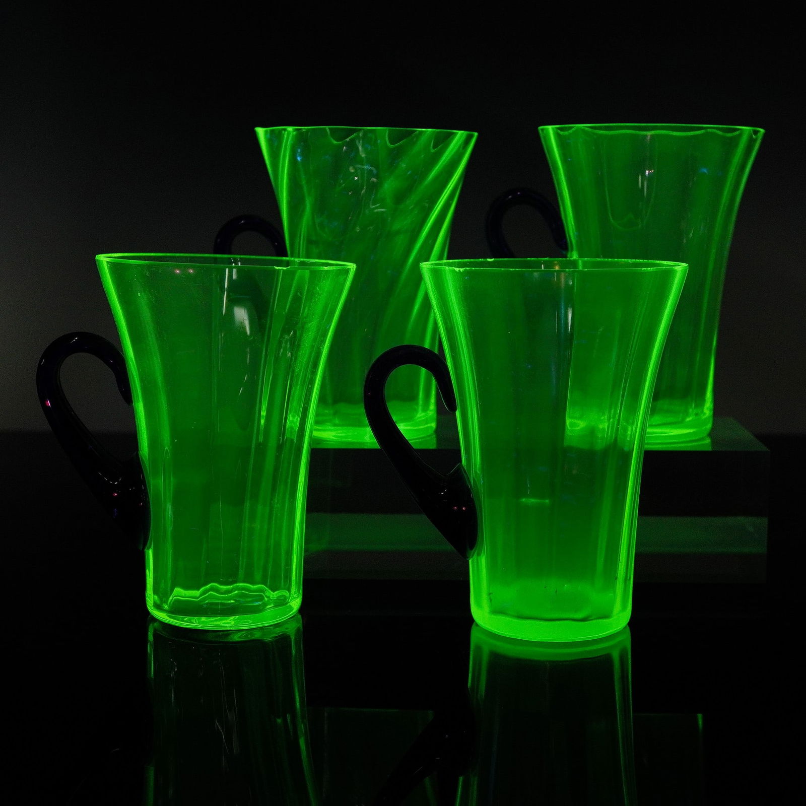 4pc Fenton Vaseline Glass Mugs with Cobalt Blue Handles (1 of 6)