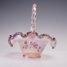 Fenton Ribbon Candy Glass Handled Basket