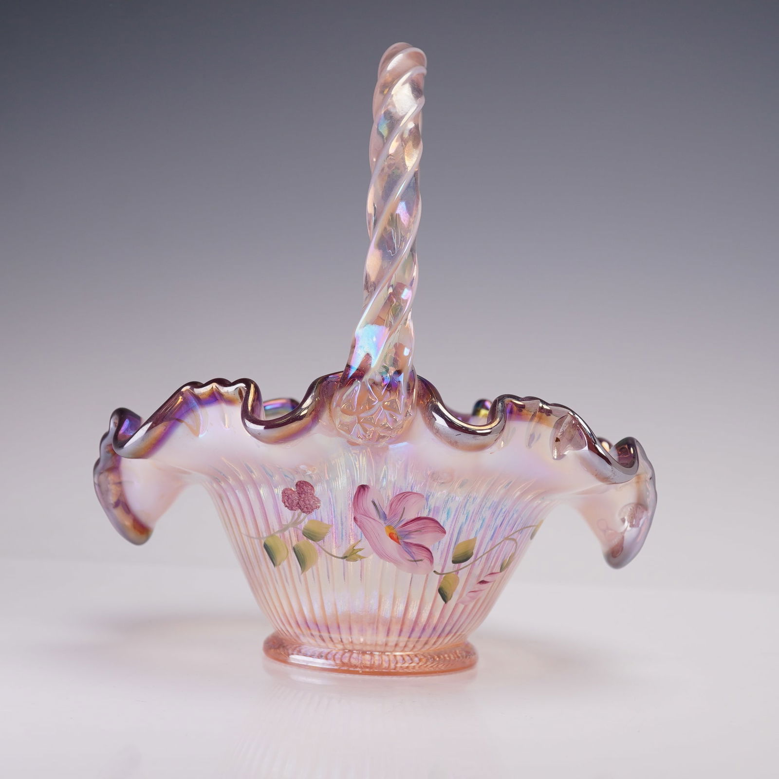 Fenton Ribbon Candy Glass Handled Basket (1 of 7)