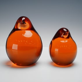 2pc Seguso Murano Art Glass Amber Penguin Figures