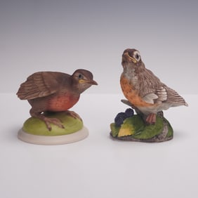 2pc Boehm Porcelain Figurines, Fledging Robin and Baby Robin