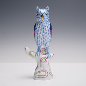 Herend Porcelain Blue Fishnet Owl Figurine