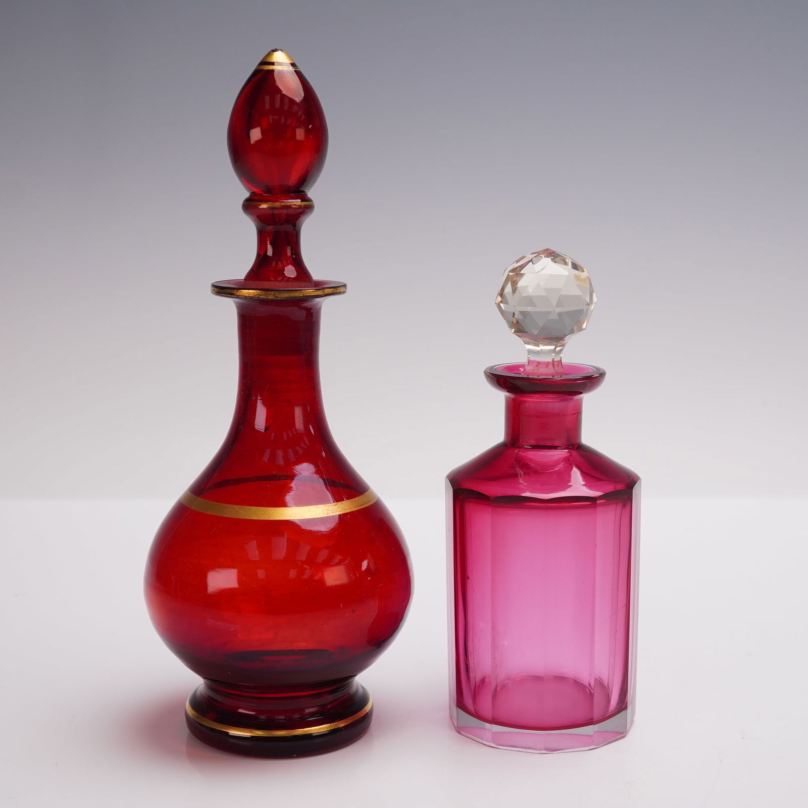 Pair of Cranberry Glass Perfume Bottles with Stoppers (1 of 5)