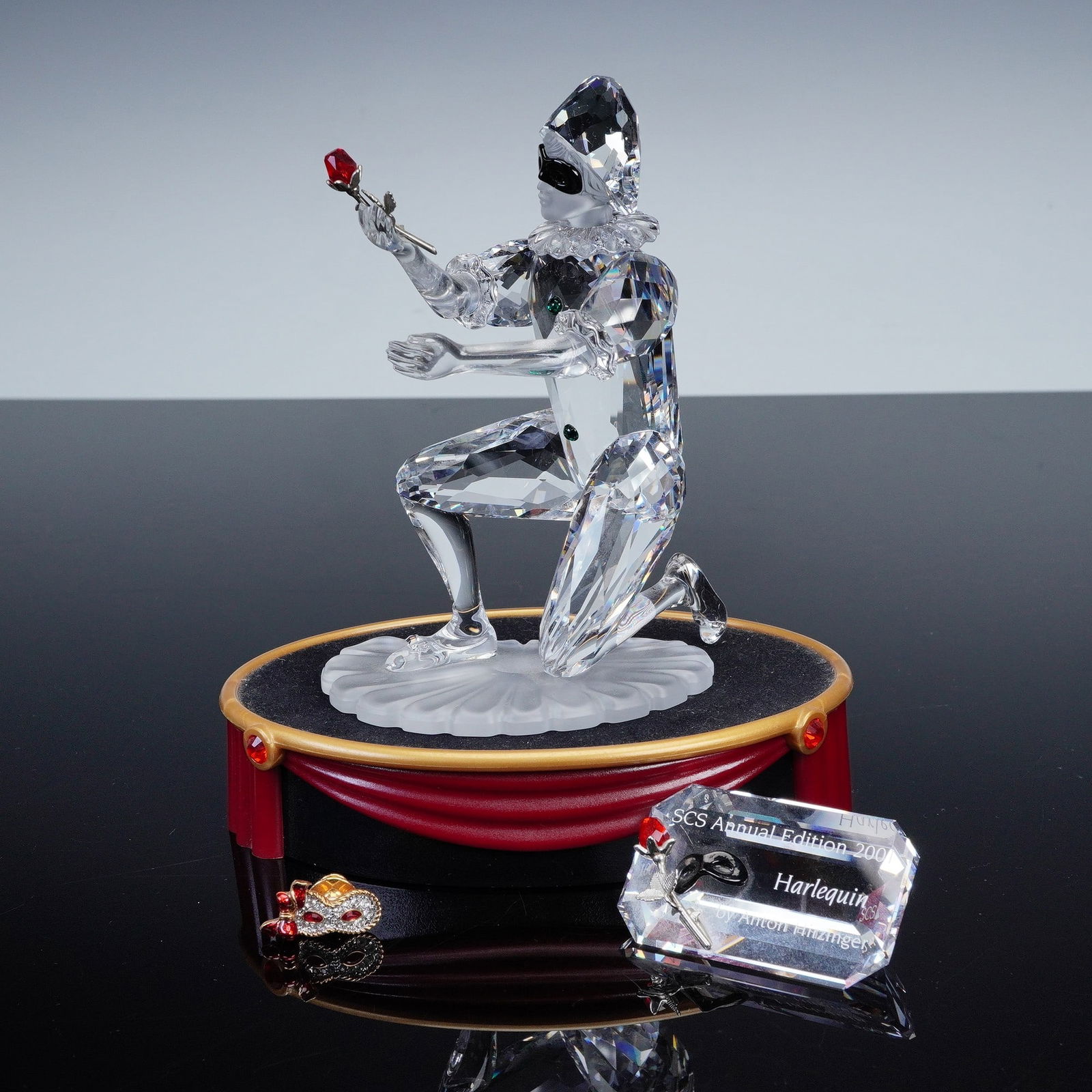 4pc Swarovski Crystal 2001 Harlequin Figurine with Base, Plaque, and Pin (1 of 9)