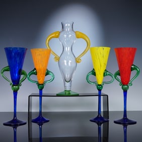 5pc Kosta Boda Art Glass Carafe and Tall Fluted Champagne Glasses