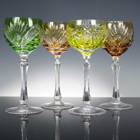 4pc Set of Cut to Clear Crystal Hock Wine Glasses, Assorted Colors