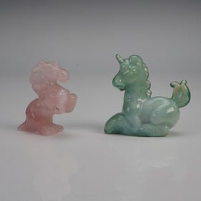 2pc Miniature Figurines Rose Quartz Horse and Green Glass Unicorn