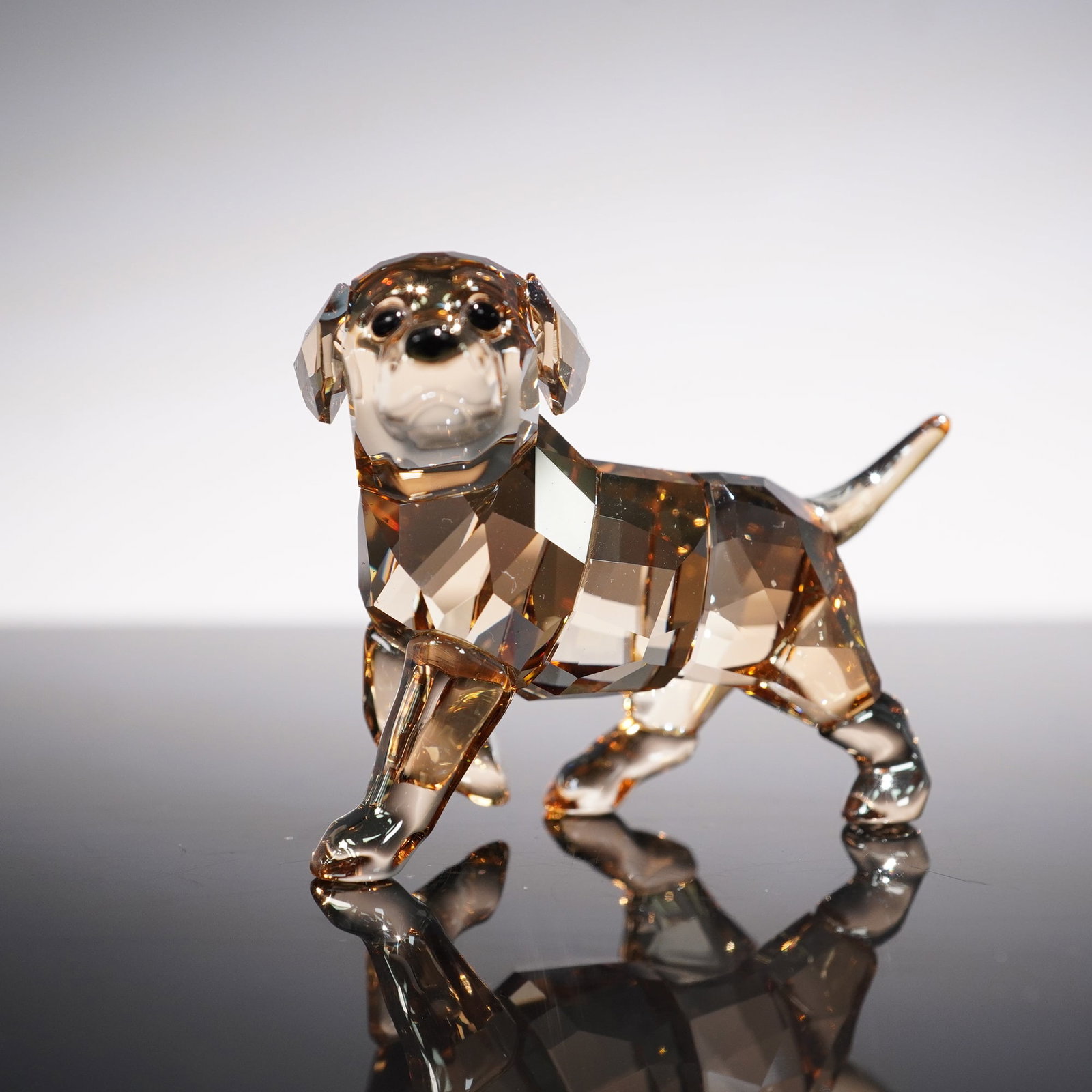 Swarovski Crystal Figurine, Golden Retriever Puppy, Standing 1142824: Ag olden retriever puppy, crafted in faceted golden-brown crystal with clear accents. The piece captures the playful stance and lifelike charm of the breed, highlighted by precision-cut facets that en