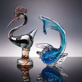 2pc Art Glass Sculptures, Spoonbill and Fish