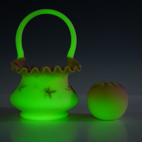 Pair of Fenton Uranium Glass Basket and Rose Bowl