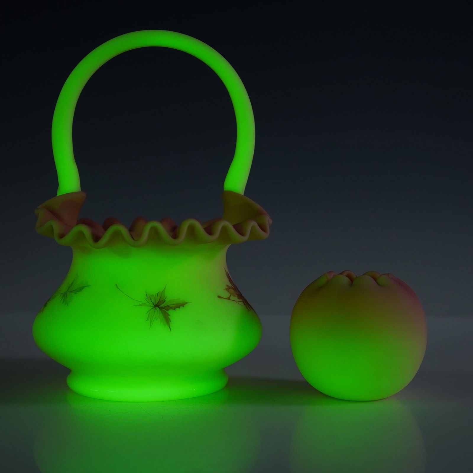 Pair of Fenton Uranium Glass Basket and Rose Bowl (1 of 8)