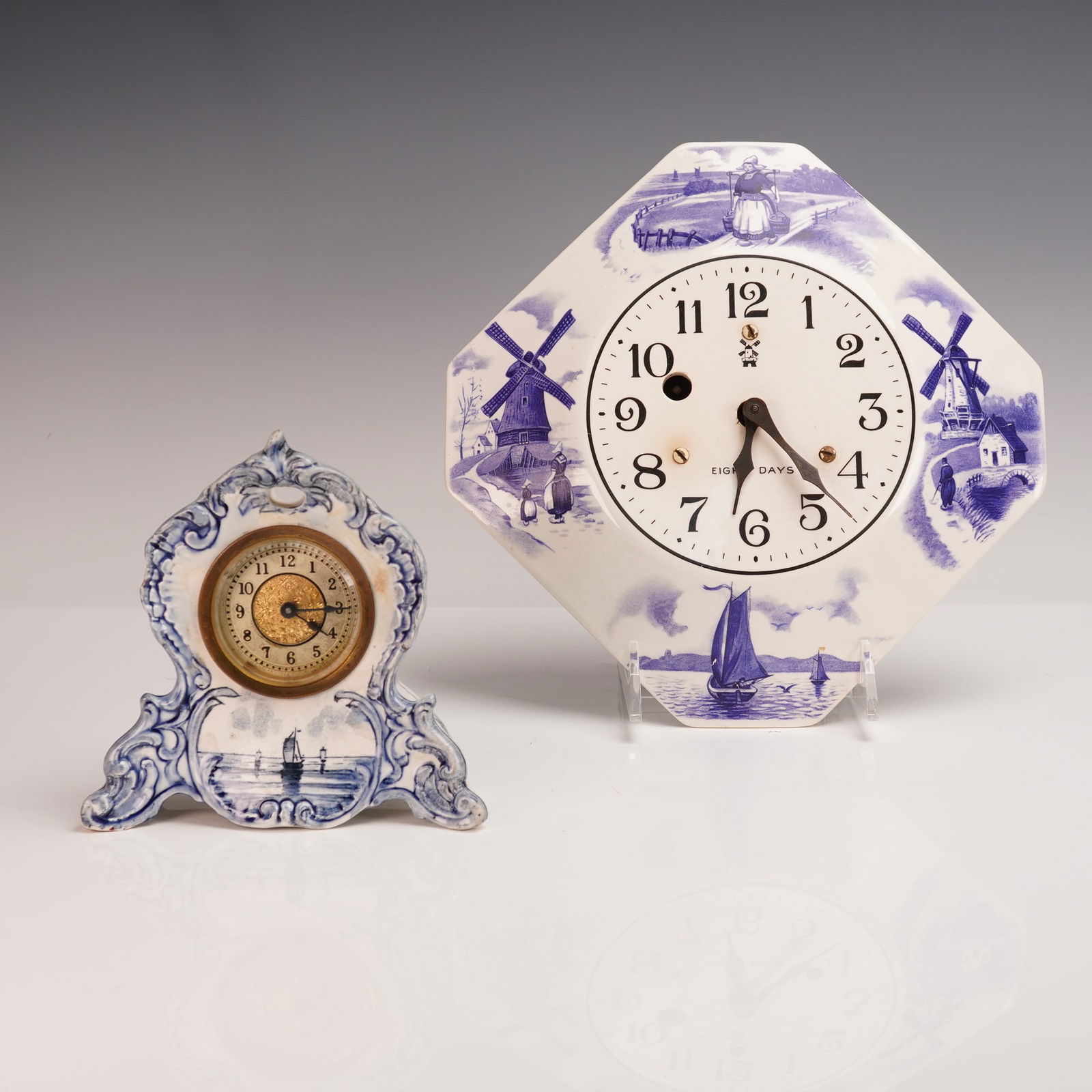 2pc Royal Bonn Delft Blue and White Wall and Desk Clocks (1 of 5)