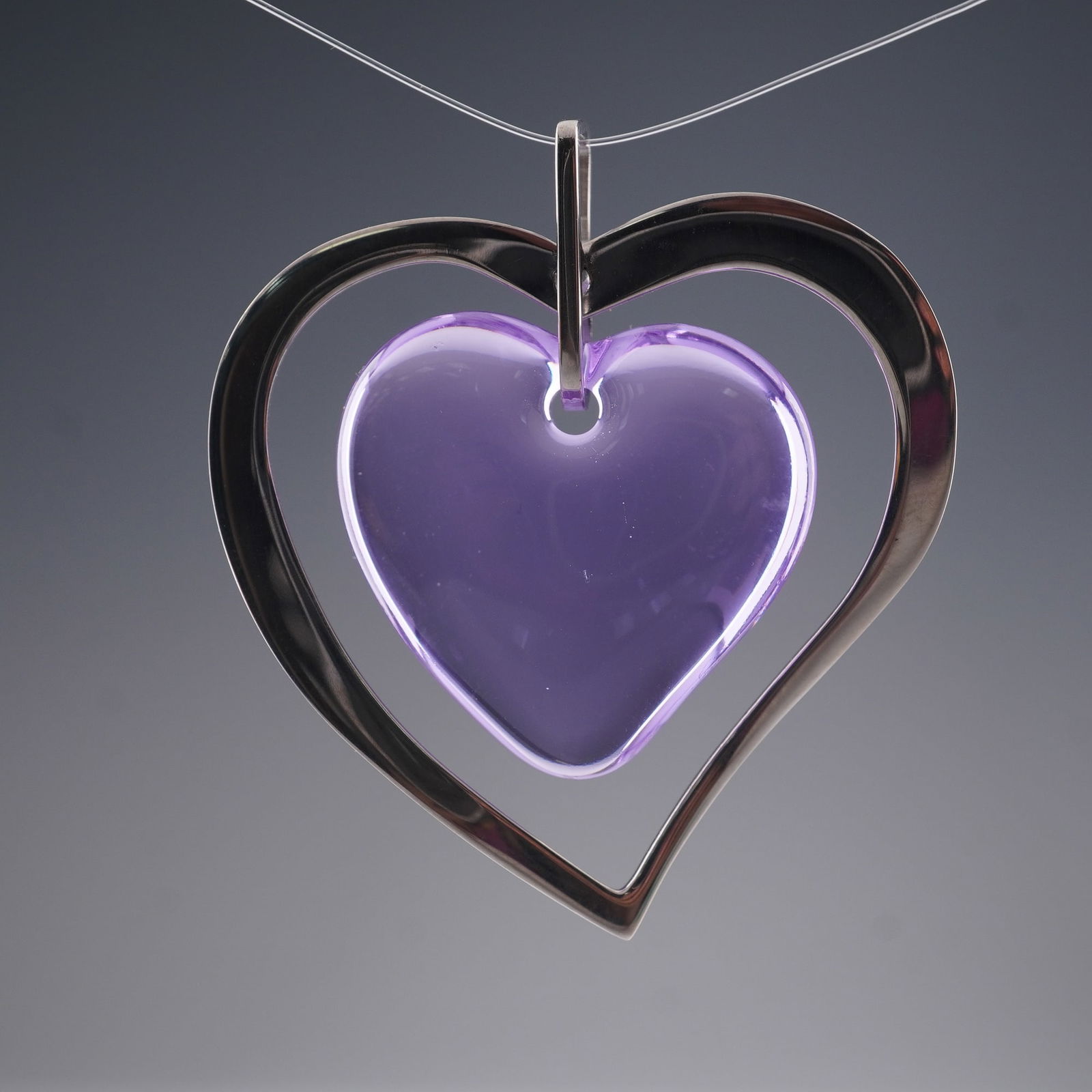 Lalique Sterling Silver Amoureuse Heart Pendant with Purple Crystal Center (1 of 5)