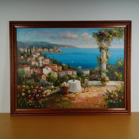 Antonio di Viccaro, Large Oil on Canvas, Mediterranean Coastline, Signed