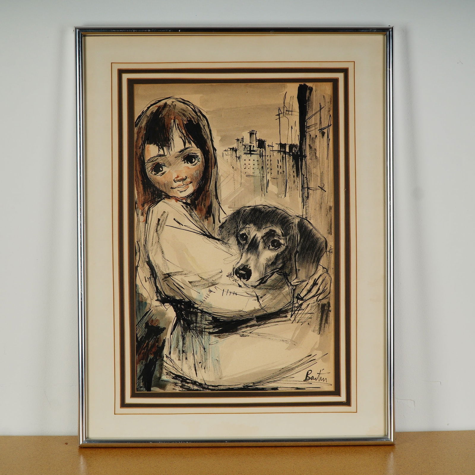 Boutin, Watercolor, Ink & Pastel on Paper, Portrait of Girl w/ Dog, Signed (1 of 5)