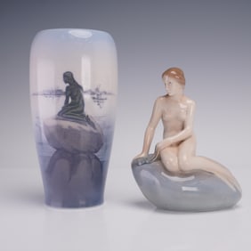 Pair of Royal Copenhagen Little Mermaid Porcelain Figurine and Vase