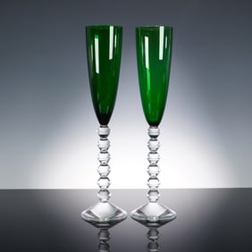 Baccarat Vega Flutissimo Green Crystal Champagne Flutes Pair w/ Orig. Boxes