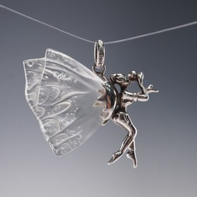 Lalique Chrysalide Fairy Pendant Silver Tone with Frosted Crystal Wings