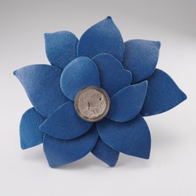 Lalique Blue Leather Flower Brooch with Frosted Crystal Center