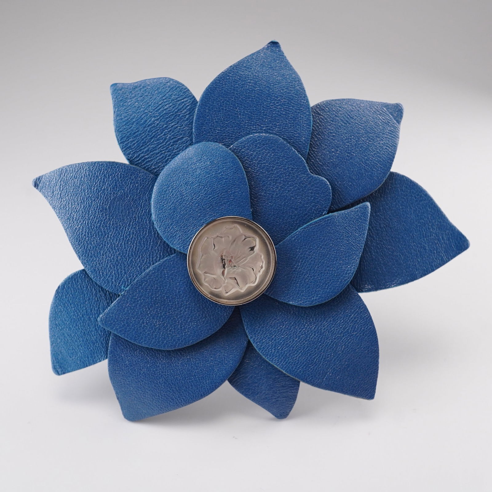 Lalique Blue Leather Flower Brooch with Frosted Crystal Center (1 of 4)