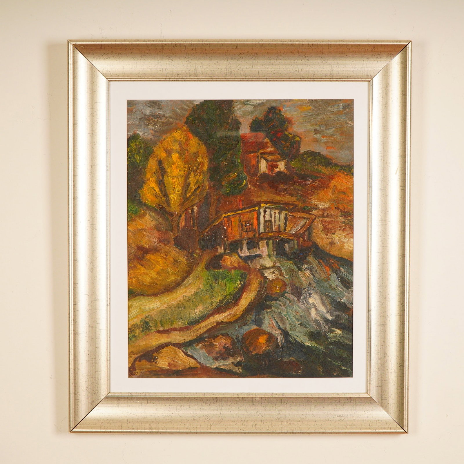 Original Oil on Board, Expressionist Autumn Landscape: A bold and expressive oil on board, painted in thick impasto with vigorous brushwork and richly layered color. The composition captures a rustic countryside scene: a tree glowing in autumn gold, a woo
