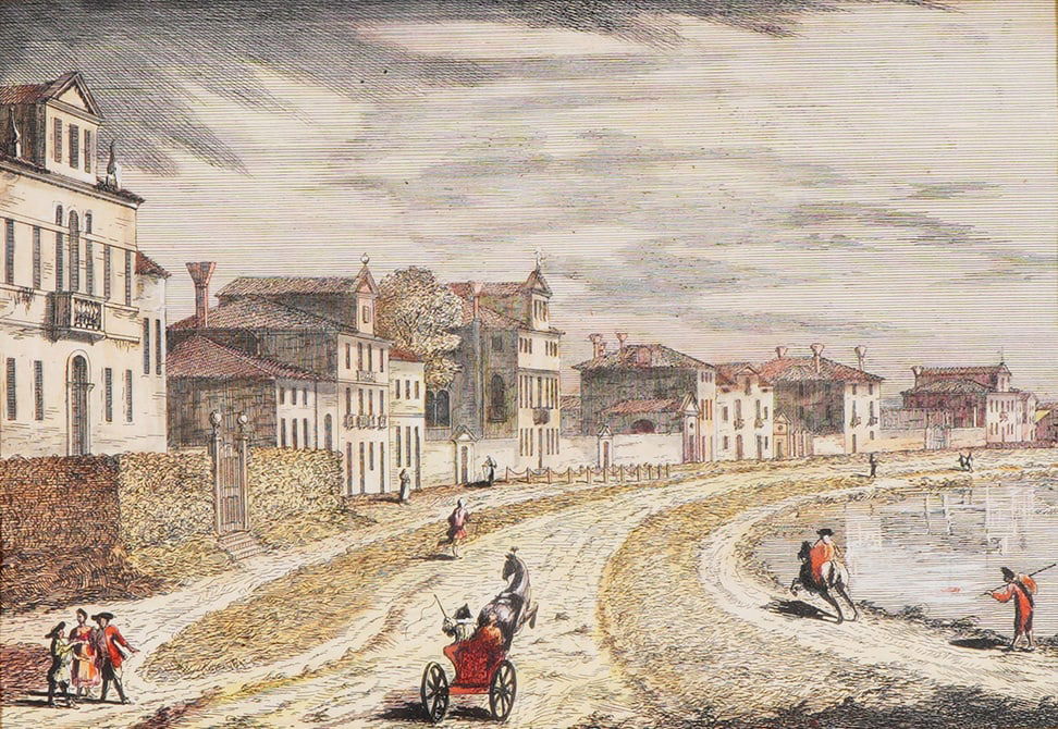 Giovanni Francesco Costa, Hand-Colored Etching View Towards The Taglio: An exceptional hand-colored etching on paper from Giovanni Francesco Costa's celebrated series Delights of the Brenta River, titled View Towards The Taglio, dating between 1750-1762. This masterful Ve