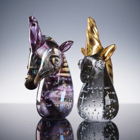2pc Art Glass Unicorn Head Paperweights