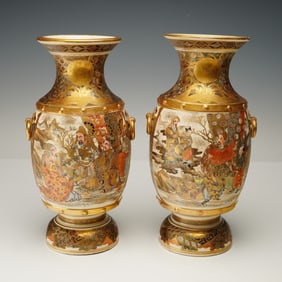 Pair of Japanese Gilt Double-Handle Satsuma Stoneware Vases