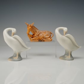 3pc Lladro Porcelain Duck Figurines and Fontanini Nativity Donkey
