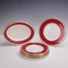 8pc Wedgwood Bone China Plates and Bowl, Ulander Powder Ruby