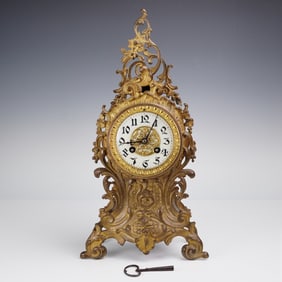 3pc 19th Century French Ormolu Brass Table Clock with Key & Pendulum