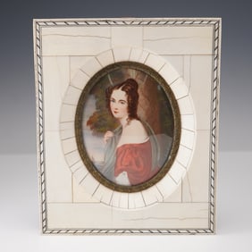 Antique  Miniature Portrait of a Lady in a Red Dress, Signed