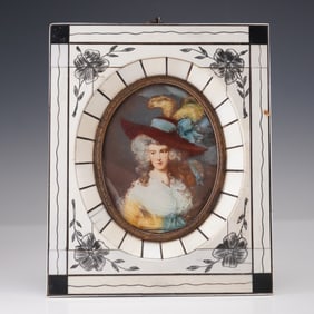 Antique Floral Miniature Portrait of a Young Lady, Bone Frame
