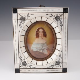 Antique Portrait of a Young Lady, Bone Frame, Signed
