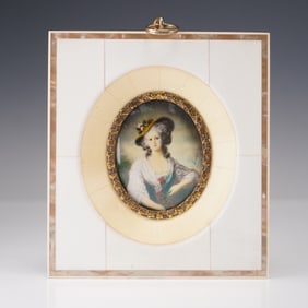 Miniature Portrait of a Lady in Straw Hat, Mother-of-Pearl and Bone Frame